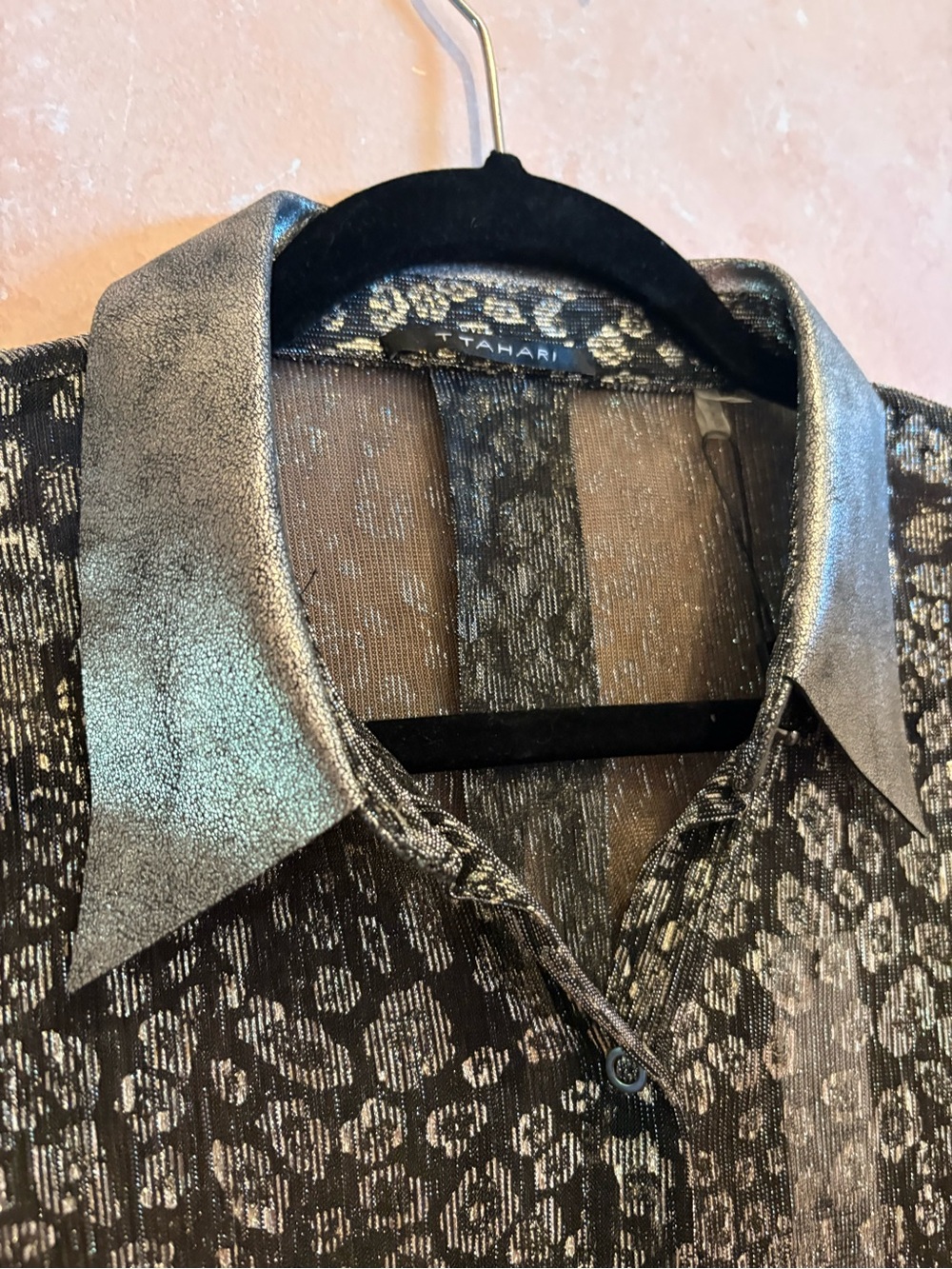 Tahari Metallic Animal-Print Blouse in Silver and Black